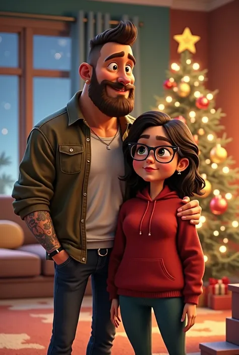 Pixar image,Christmas for couples 
Average man , tattooed with a short beard, eyebrows in a triangle, little hair and profiled jaw, chubby woman with a short limb bust and frizzy glasses with long muscular hair 