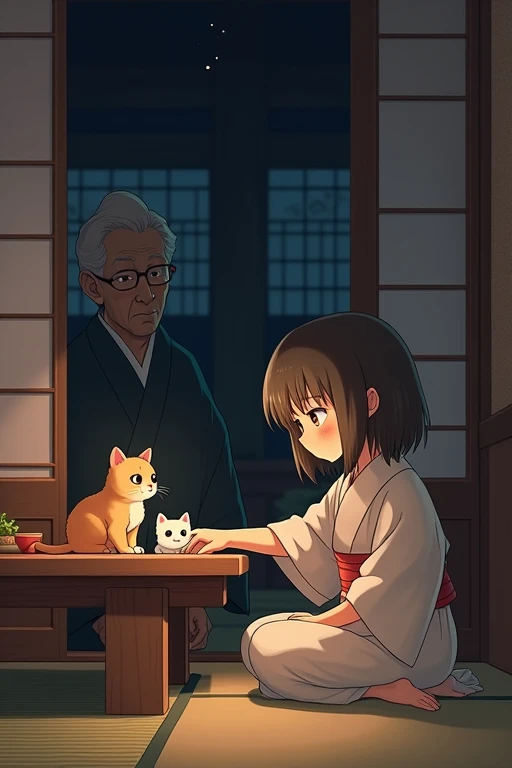 Japanese-style room　Kotatsu　kitten　Girl　 grandma   
Night