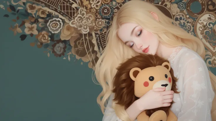  A blonde hair straight long hair Girl . holding cute lion plush doll. girl hair very long .The background is a pattern consisting of a geometric arrangement, background abstract , Gustav Klimt style , low brightness ,Milky color , golden straight hair ,fa...