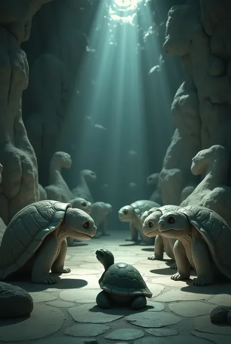 "A quiet, mysterious room filled with lifelike stone statues of different animals, arranged in lifeless poses. The third turtle sits on the ground with a bored expression, resting its chin on its hands while staring at one of the statues."

