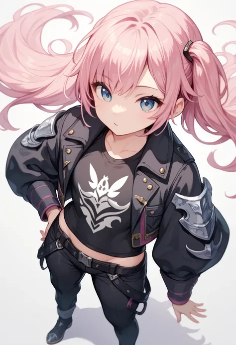 1girl. Petite, short height, long pink hair, cute girl, black tight shirt and short black jacket, loose pants, fantasy world battle armor, standing tall, background vast natural land, top down angle 