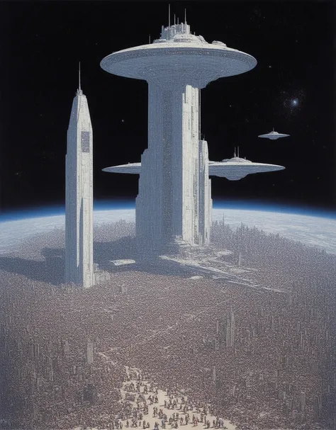 painting of a futuristic city with a futuristic building and a large space station, astronauts and space colonies, 1 9 8 0 s concept art, by Robert McCall, futuristic space port, space port city, robert t. mccall, 1 9 5 0 s concept art, 7 0 s science ficti...