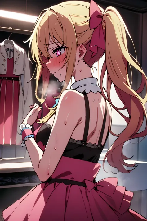 NSFW,masterpiece, top quality , high res, very detailed,Hoshino Ruby(My Favorite ),Star-shaped pupils, long hair, side ponytail,Blonde,Idol,dressing room,sweat,Heavy breathing