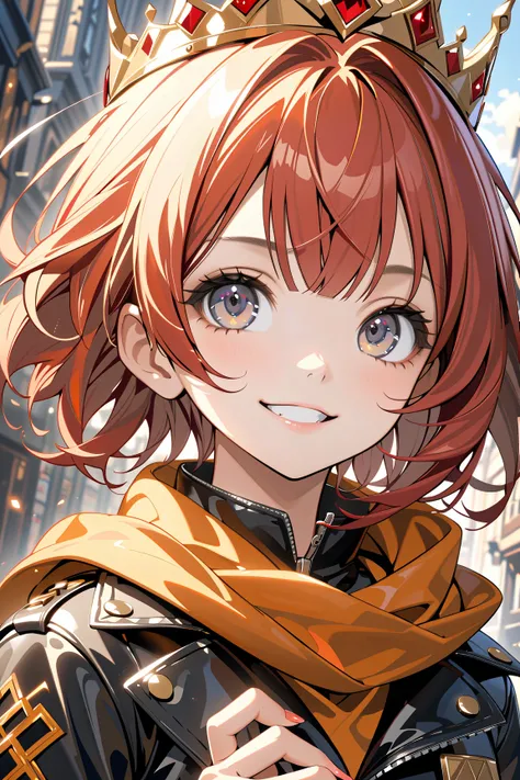 solo girl, mid teens, evil grin, (shiny skin, pretty face, big gray eyes, red short hair:1.3), gold crown, orange scarf, leather jacket, shorts, small breasts, beautiful fingers, (masterpiece, ultra detailed, top quality), anime, medium shot, fantasy town.