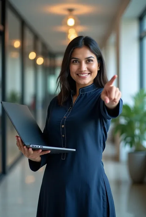 Hd image of lady office staff pointimg  right side wearing dark blue kurti,and laptop in hands