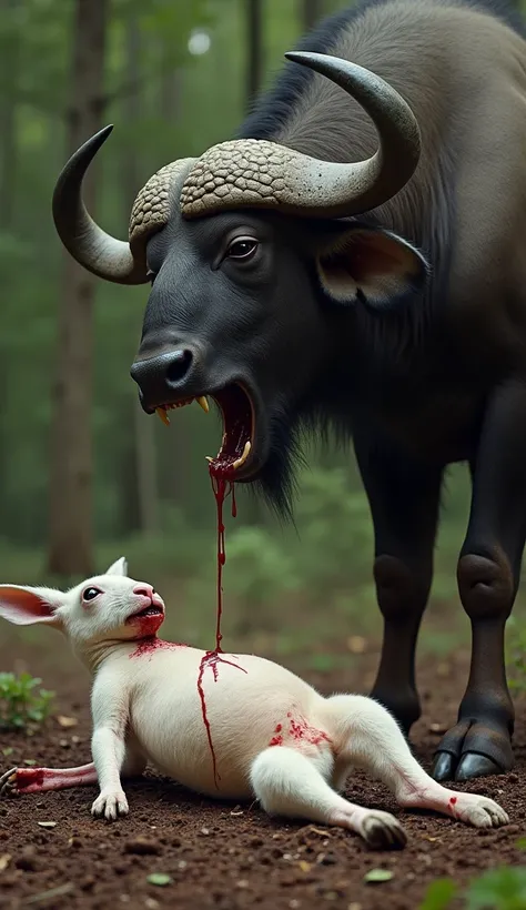 a dead white kangaru blood neck injury laying on the ground and a aggressive african wild buffalo open mouth is standing with one foot on top of the white kangaru.white kangaru face and neck was injured is blood breaking and standing  in the  forest 