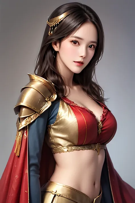 ((The upper body of a female warrior wearing gold and red armor and a cloak:1.4)),1 person,  black hair,  belly shortcut   ,Big breasts and cleavage,  high-definition face and skin texture  ,  staring at the camera,   Chinese Warrior:1.2,  perfect beauty: ...