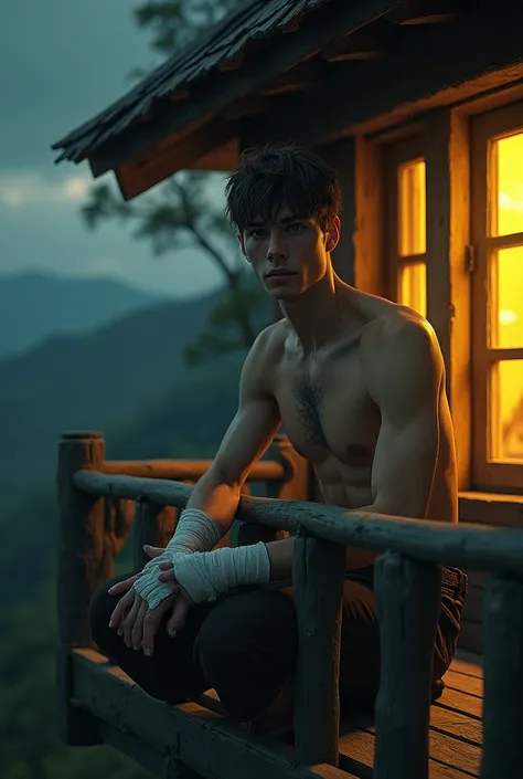 Character without a beard with brown hair and green eyes,  sitting on the balcony of a wooden house high , shirtless with bandages on hands like gloves, At night with yellow lighting in the house