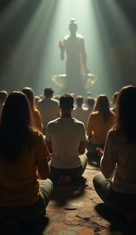 Several people at a kneeling cult praying to God in faith wearing pants and t-shirts 