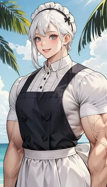 1girl in、A smile、The shirt、skirt by the、pinafore、hair adornments、Maid costume、White hair、Chilarism、summer clothing、Upper body portrait，(muscular female:1.2),(biceps),covered abs