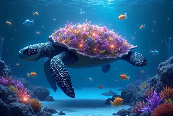 "A giant turtle , with carapaces covered by flowers and exotic plants , swimming in a crystal clear ocean a starry sky at dusk . The scene is illuminated by soft, colorful lights What emanate from the plants in the carapace, creating a magical bioluminesce...