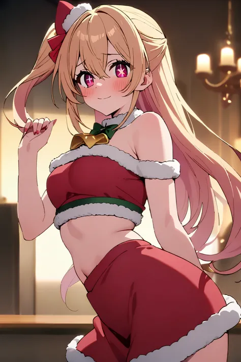 NSFW,masterpiece, top quality , high res, very detailed,Hoshino Ruby(My Favorite ),Star-shaped pupils, long hair, side ponytail,Blonde, Santa costume , off-shoulder, crop top, miniskirt,Christmas party