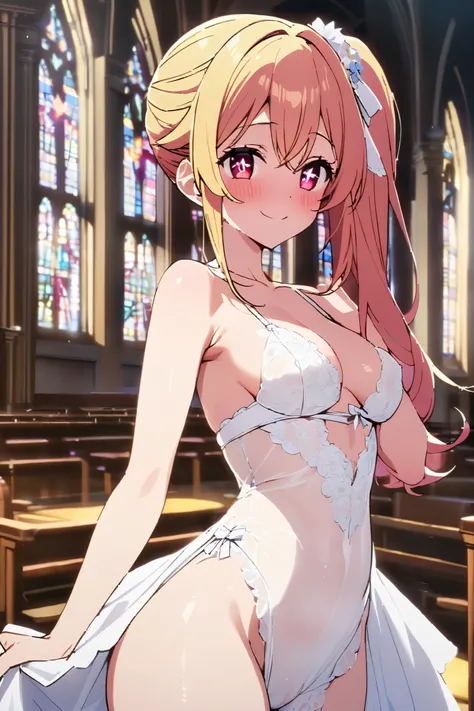 NSFW,masterpiece, top quality , high res, very detailed,Hoshino Ruby(My Favorite ),Star-shaped pupils, long hair, side ponytail,Blonde, Wedding Lingerie,blush,smile,church