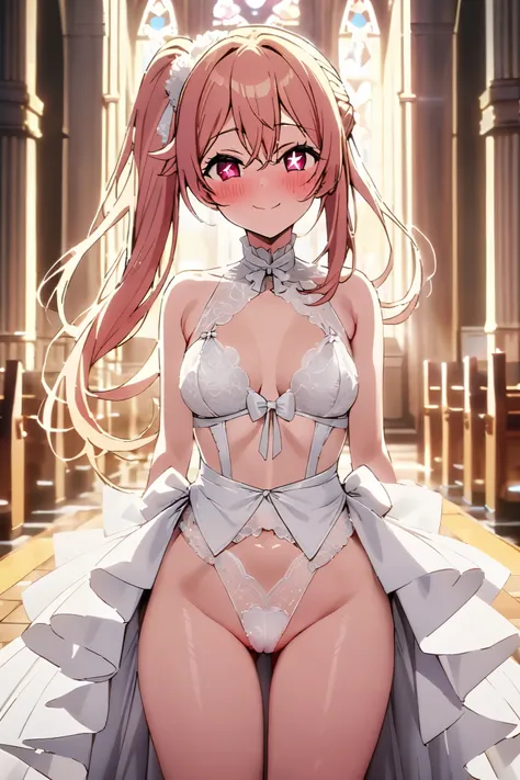 NSFW,masterpiece, top quality , high res, very detailed,Hoshino Ruby(My Favorite ),Star-shaped pupils, long hair, side ponytail,Blonde, Wedding Lingerie,blush,smile,church