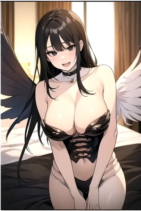 beautiful woman, ((Black medium hair 1.5))、angewomon, (((white angel wings))), Very detailed、 (huge breasts),highest quality、Best image quality、masterpiece、8k、Anime Face、A kind smile、Open Mouth、、big breast, sexy、 beautiful body 、Cowboy Shot, Sexual Interco...