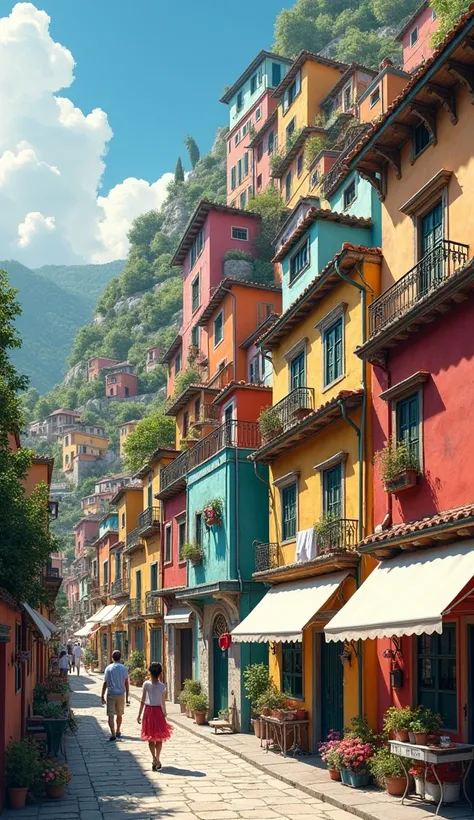 "Low-angle distant shot of stacked colorful houses climbing up a hill, with laundry fluttering on lines and people moving through the streets below."