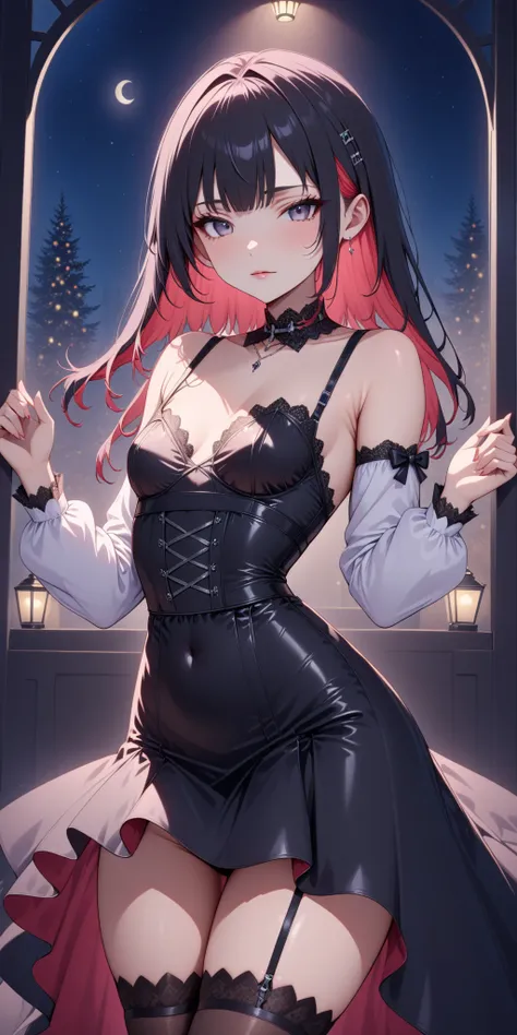 score_9, score_8_up, score_9_up, source_anime, ellenjoe, night, passionless, closed mouth, ellen joe, black hair,  sexy pose, sexy body, colored inner hair, multicolored hair, grey eyes, small breast,  wanna dance with you, red hair,  night party, gothic p...