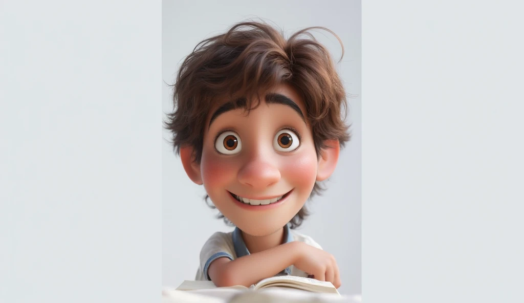 Best quality, disney pixar style image, Portrait of a white boy with brown hair, brown eyes, cheerful physiognomy, ten years old, sitting at a table in the library, looking at the camera with his arms resting on a closed book on the table. White background...