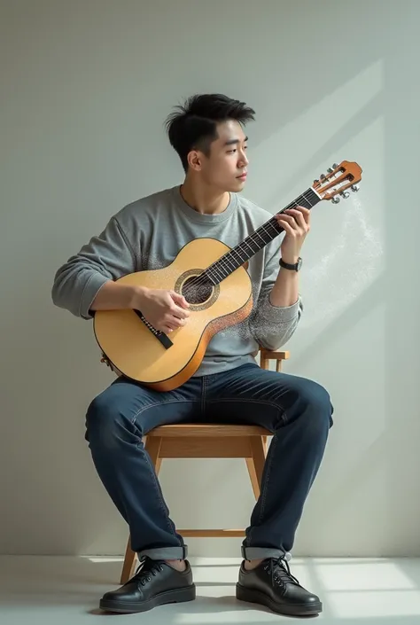 Figure of a Korean man, 30, tall 170, heavy 70, sitting on a chair with his hands holding an airy guitar.