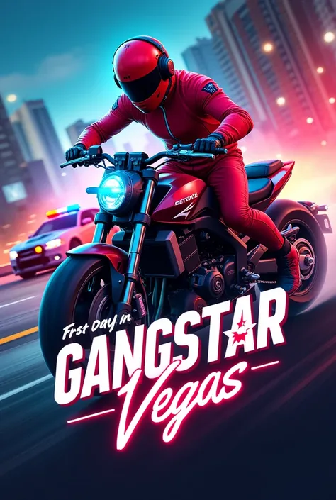 Here’s a prompt based on this image:

"Create a vibrant thumbnail for a video titled First Day in Gangstar Vegas #1. The design features a dynamic action scene with a character riding a futuristic motorcycle, wearing a bright red outfit and helmet. The mot...