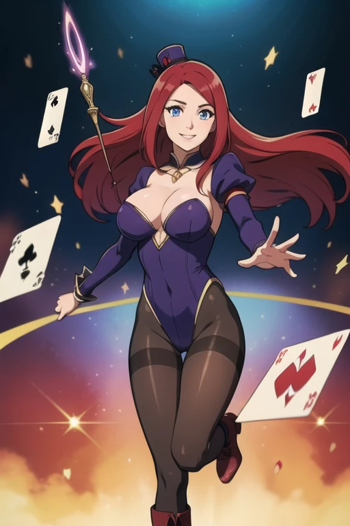 Kushina, long hair, red hair, blue eyes, mature female, large breasts, a magic aura around her, magic wand, show, stage, blue eyes, red hair, floating, dropping sleeves, cards, female magician leotard, magician hat, frills, long hair, brown boots, black pa...