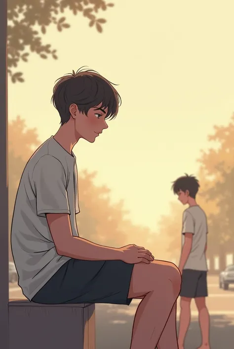 Design a cover for a BL romance novel featuring two 14-year-old boys, one of whom is sitting casually on a fence or a bench, looking slightly away with a soft, serene smile, while the other boy is standing further back, in the background, with his back par...