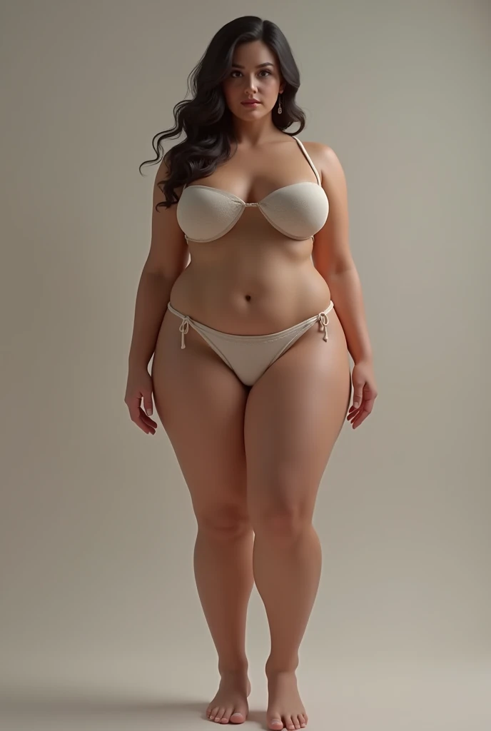  30-year-old woman with wide and large breasts and hips, thick legs with mini thongs and without braces .