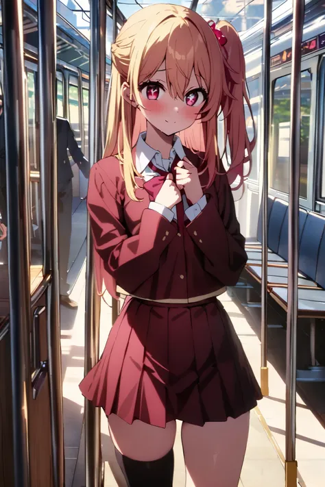 NSFW,masterpiece, top quality , high res, very detailed,Hoshino Ruby(My Favorite ),Star-shaped pupils, long hair, side ponytail,Blonde, school uniform, dress shirt, miniskirt, knee-high socks, Tram