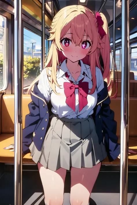 NSFW,masterpiece, top quality , high res, very detailed,Hoshino Ruby(My Favorite ),Star-shaped pupils, long hair, side ponytail,Blonde, school uniform, dress shirt, miniskirt, knee-high socks, Tram