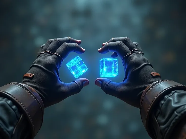 hands of a character in a game from POV, just the hand appear and the character is wearing gloves like a warrior and the character trade blocks of time for improvement percentage, and he gave the blocks of time with the left hand and take the improvemen pe...