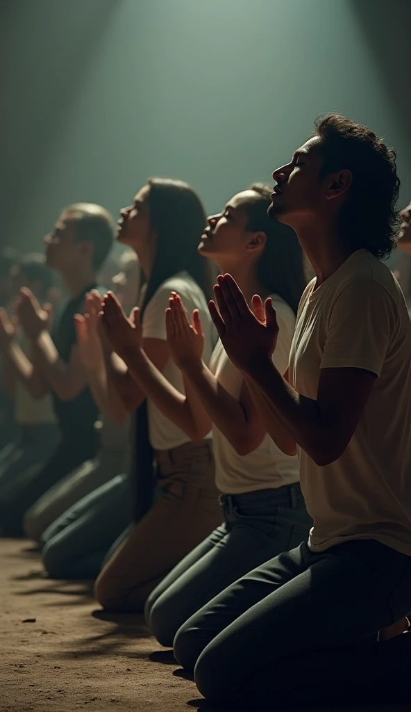 Several people at a kneeling cult praying to God in faith wearing pants and t-shirts 