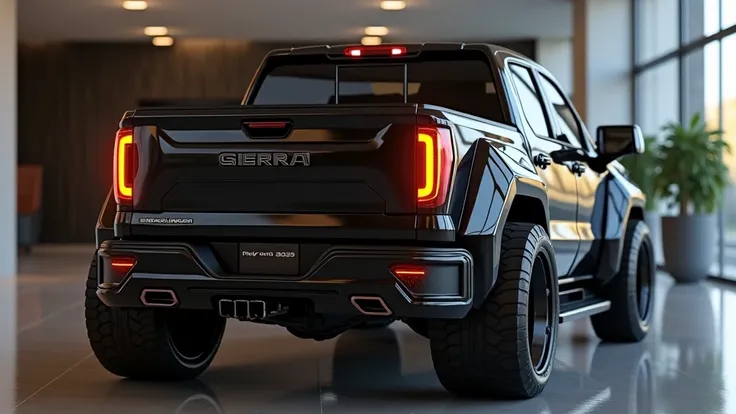 Create a 3d render car design full back 2025 GMC SIERRA pickup  full back end black clour with a2025 GMC SIERRA pickup     ” logo on back. “” on its . and. Headlights“in pure glossy yellow with ultra detailed glossy shining image captured from back end sho...