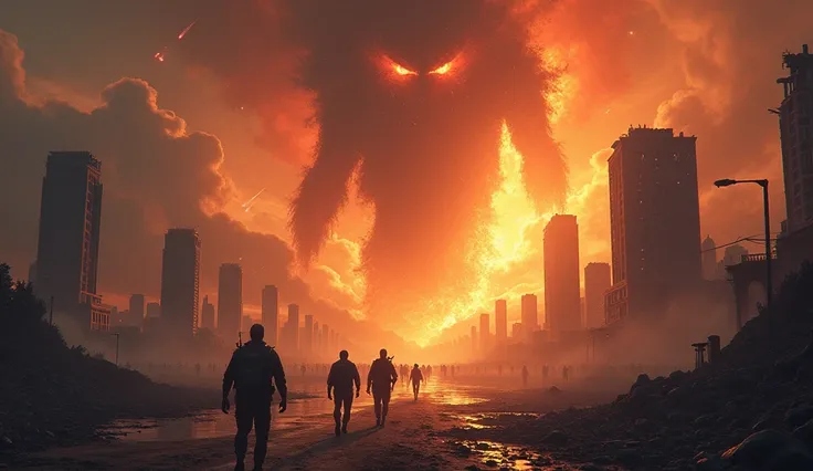 A desolate world consumed by chaos, where massive tidal waves crash against shattered cities, and the sky burns with streaks of fire from falling meteors. The earth quakes violently, splitting open to reveal glowing chasms of molten lava. Skyscrapers crumb...