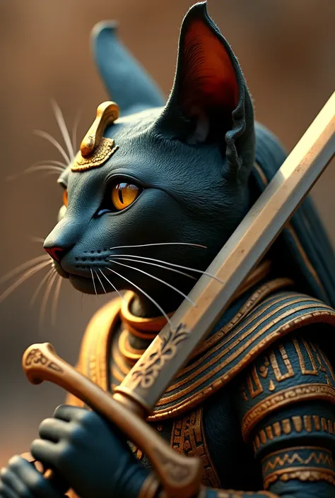  a close up of a cat with a sword and an Egyptian design,  Egyptian cat god , bastet, Egyptian god, el Egyptian god, Anubis-reptilian , Reptilian Anubis, Warrior cat,  cat god ,  with Egyptian theme , cat design, god of egypt , The god Anubis
