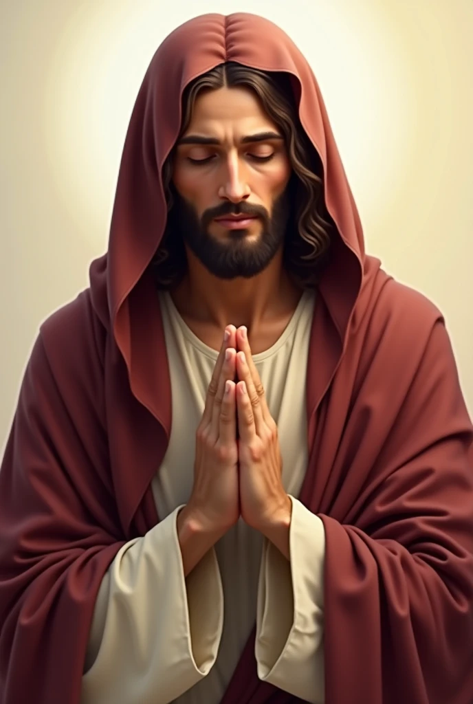 an illustration of Jesus Christ in a prayerful posture. Please ensure the following details are included: - Eyes: (should be closed) - Hands: (in a prayer position) - Background: (none, focus solely on the figure) Keep in mind the need for a respectful rep...