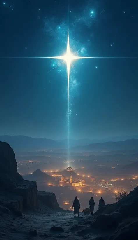 On Christmas night , a star shining light on the place where Jesus ,  was born this place can be seen far away and is in the middle of the image and in the lower part the rest of the city of Bethlehem