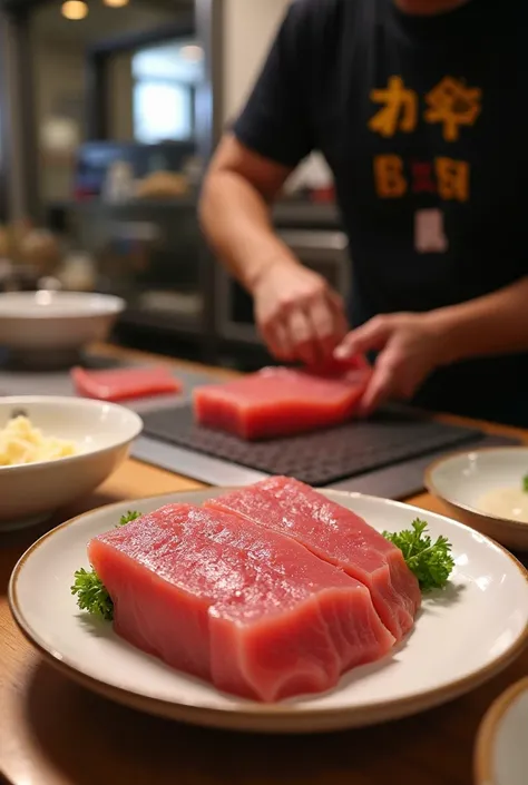  there is tuna with the SUSI logo on the desk 、There is a susi logo on that plate 。Background、Tuna cutting show。 and the letters yupiron x are on the hat costume of the person who is dismantling the tuna。