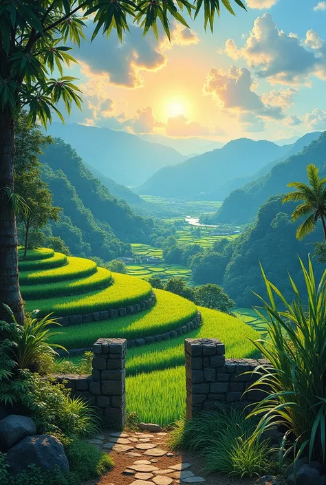  3D style painting produces very realistic image with very sharp .  on Indonesian mountain slopes . Close up in the vast sun terracing paddy fields obstructed gates house blue paint and anthurium and parsnip leaves with reeds. pay.   few leaves scattered ....