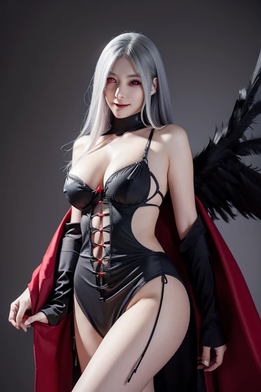 ladydevimon, wings,grey Hair, ((red eyes)),(((black Wings1.5))), bare face , fair skin, laugh,masterpiece, best quality, in detail,cute (big breasts), (split), whole body, Best image quality、masterpiece、8k、Anime Face、A kind smile、 beautiful body 、Cowboy Sh...