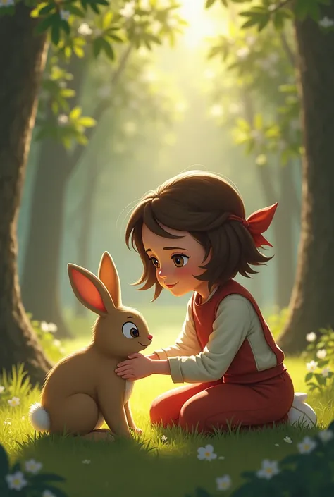 
लड़की को खरगोश पर दया आई।

English Image Prompt:
The  gently places her hands near the injured rabbit as if to comfort it. Her expression is filled with sympathy and determination to help. The background remains the calm forest with soft sunlight illumina...