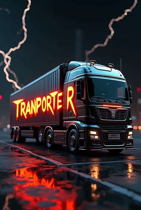 A 3D render of logo truck transporter color white font a tifography logo with the text "TRANSPORTER" in a graffiti cyberpunk style. The font is a metal style BOLD font with a bright red and yellow shiny gradient and a fiery effect. The logo has an emboss s...