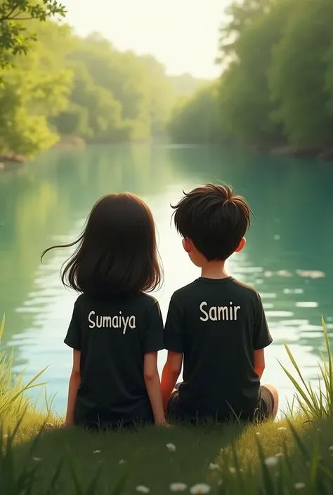 Two boys and girls are sitting on the bank of the river, they are both wearing black shirts. sumaiya is written on girls t-shirt and samir is written on boys t-shirt