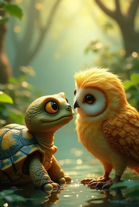  Turtle with a mischievous look gossiping with a golden heavenly owl,  

cute and dynamic 
