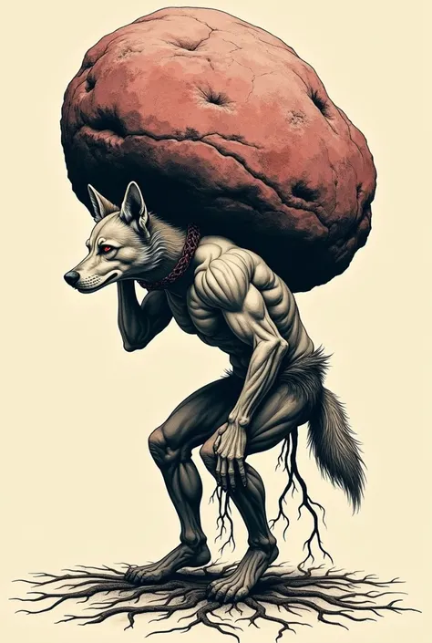  The tattoo is old-school with thick lines . Black with small red details . On the tattoo a canine man ( side view )  man holding the weight of a giant rock on his back..  Roots come out of a mans legs and join roots in the ground 