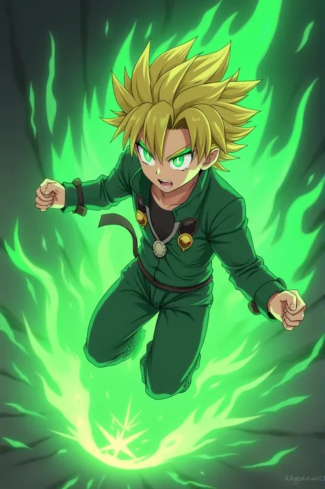 Generate for me a young man with yellow hair in anime mode who has the power of a green flame