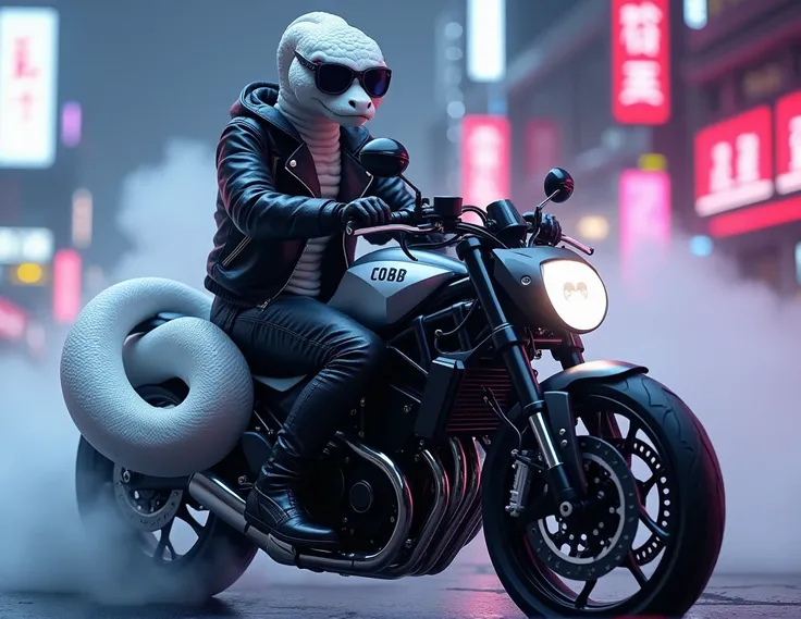 Anthropomorphic white snake, black leather jacket, sunglasses, futuristic motorcycle, neon cyberpunk city, cool and confident vibe, smoke around