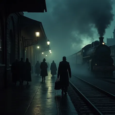 A dark and eerie Victorian-era train station at night, shrouded in thick steam from departing locomotives. The dim gas lamps cast flickering shadows on the damp, cobblestone platform, where a few anxious travelers scurry under the watchful gaze of ominous ...