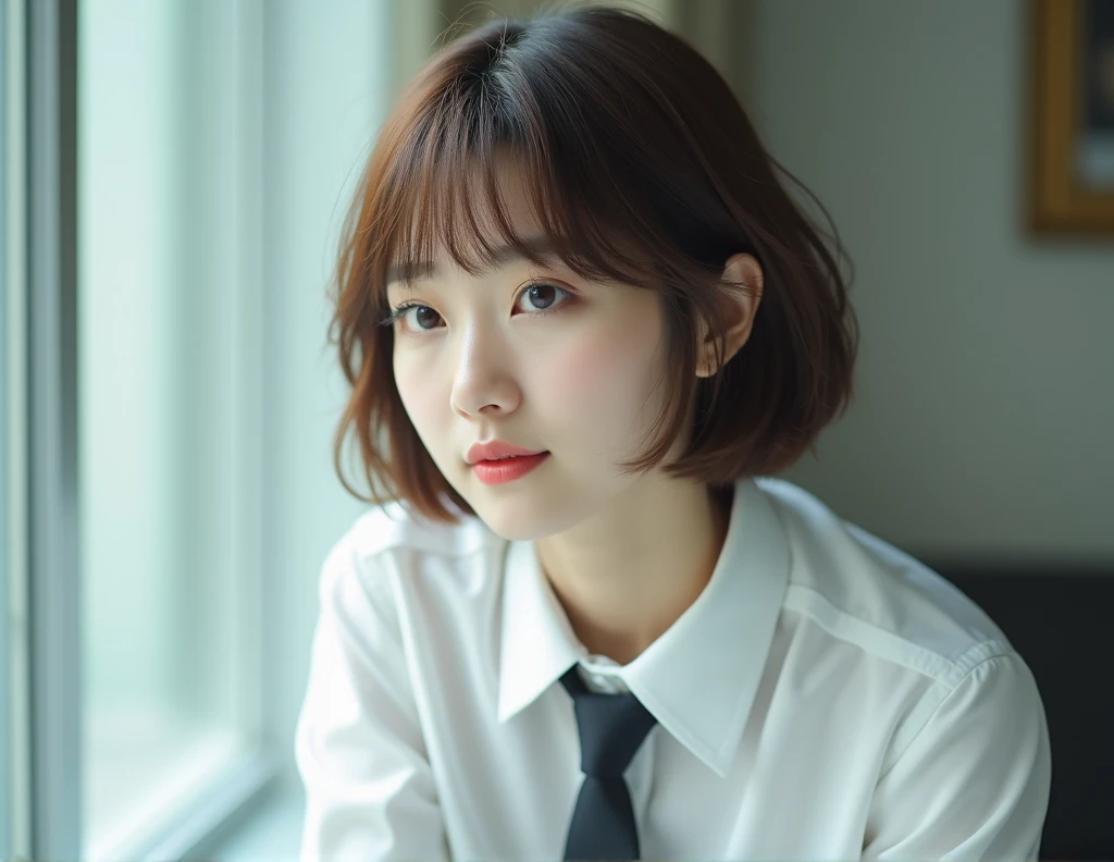 Theres a woman wearing a tie and a white shirt,  with short hair , beautiful south korean woman,  Korean, sol yunjoo, atriz Korean fofa, linda jovem Korean, Lee Ji-eun, Lee Ji-Eun,  xintong chen, hair arranged with bangs, short brown hair with bangs, bela ...