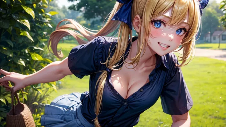 1girl, summer, trees, house, fantasy landscape, water, chestnut hair, low twintail, back twintail, large full breasts, dark blue eyes, ((dark blue silk shirt)), ((short sleeved shirt)), ((unbuttoned shirt)), ((unbuttoning shirt)), ((cleavage 1.3)), checked...