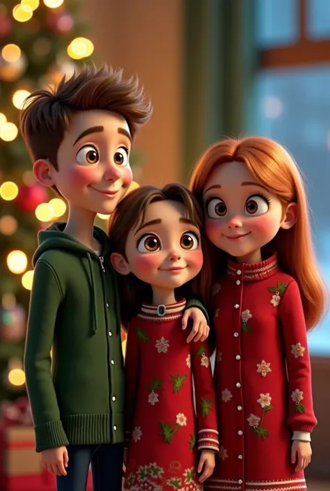 picture in the Pixar style of 3 s: a boy of  with brown air, old a girl of 18 year old with light brown hair and a girl of 21 year old with auburn hair in a Christmas style in front of a Christmas tree